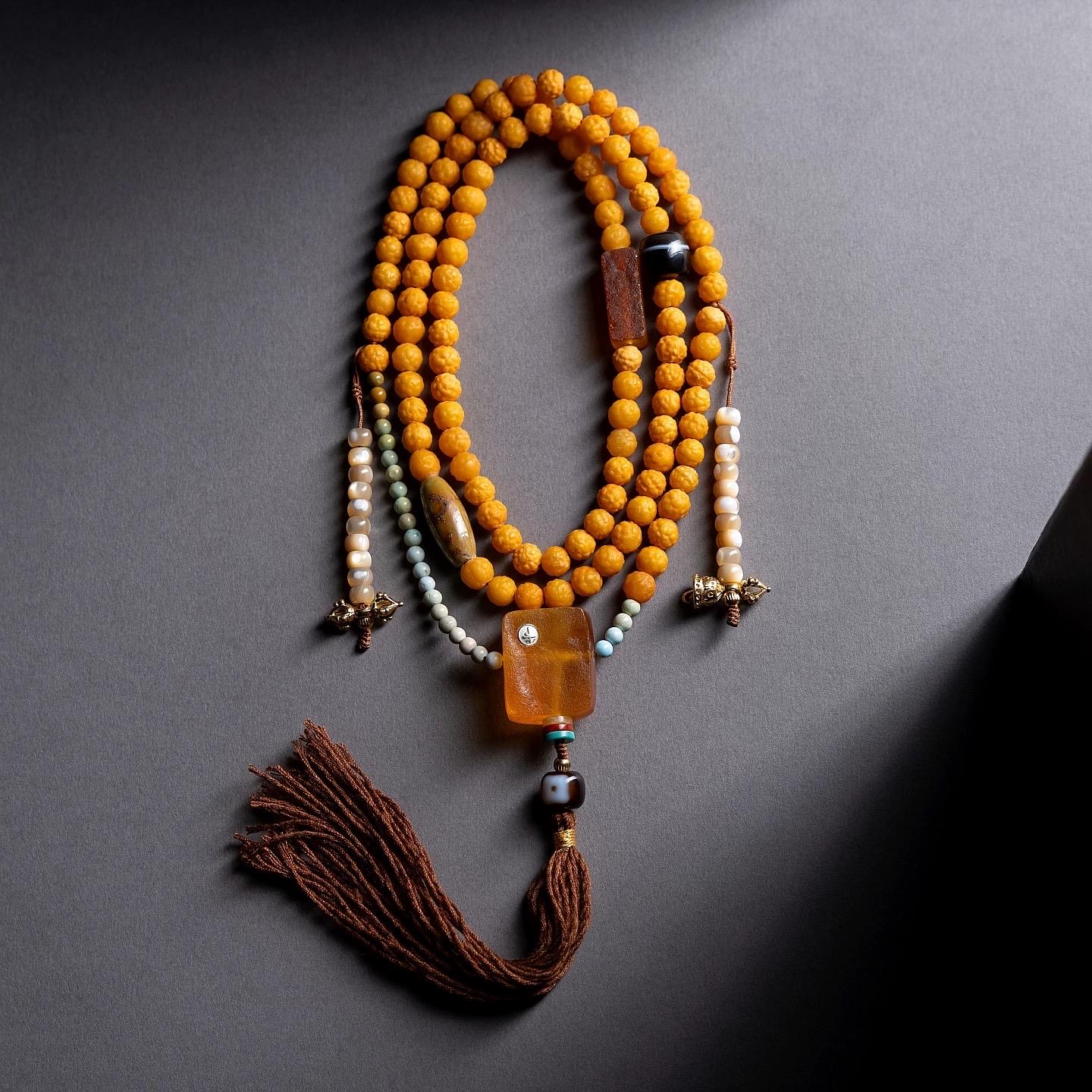 EverestArtStudiosRARE FIND One-of-a-Kind Natural Amber Mala Necklace | 108 Buddhist Prayer Beads with Turquoise, Lapis Lazuli & Gemstone Acc
