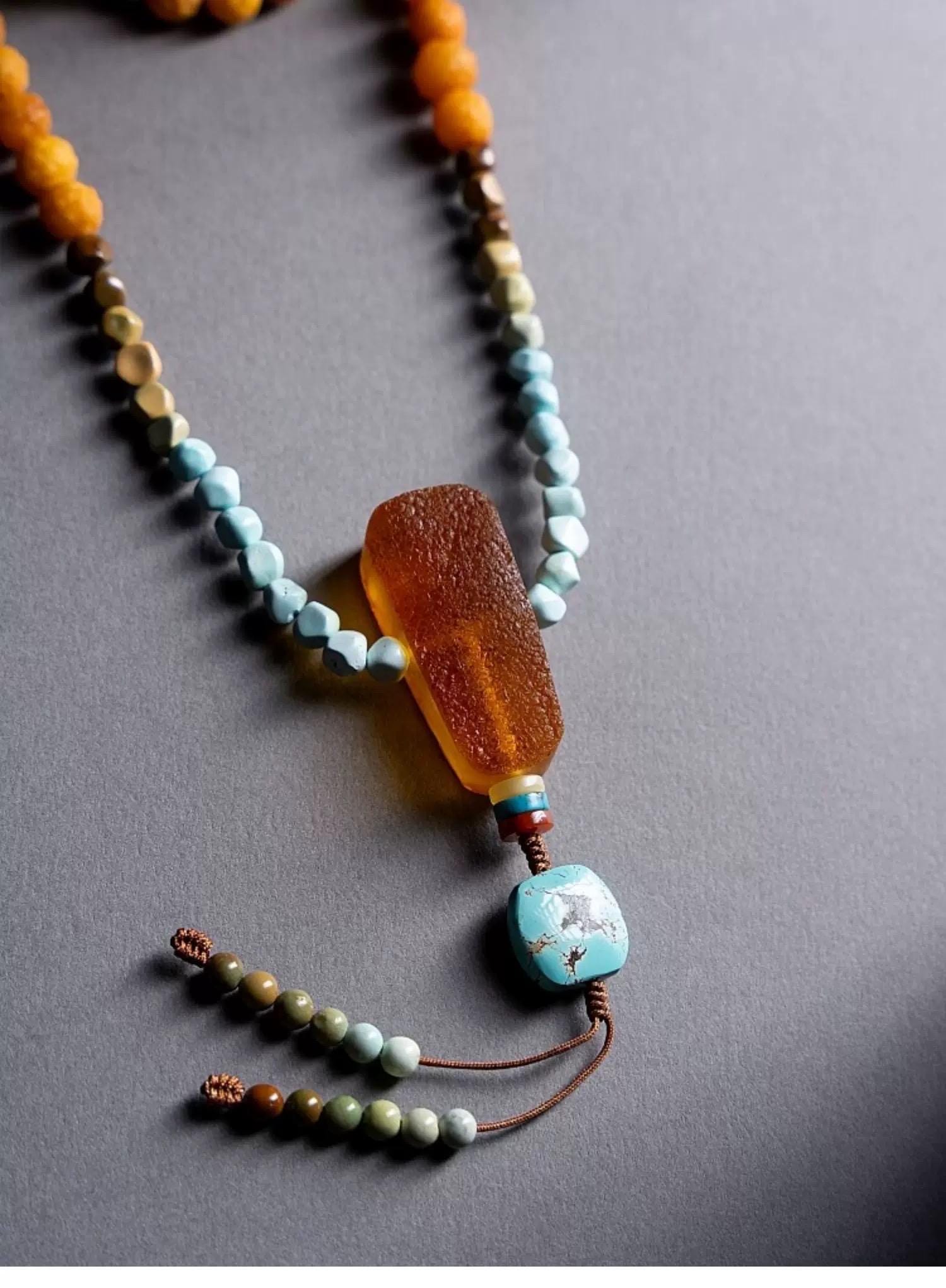 EverestArtStudiosRARE FIND One-of-a-Kind Natural Amber Mala Necklace | 108 Buddhist Prayer Beads with Turquoise, Lapis Lazuli & Gemstone Acc
