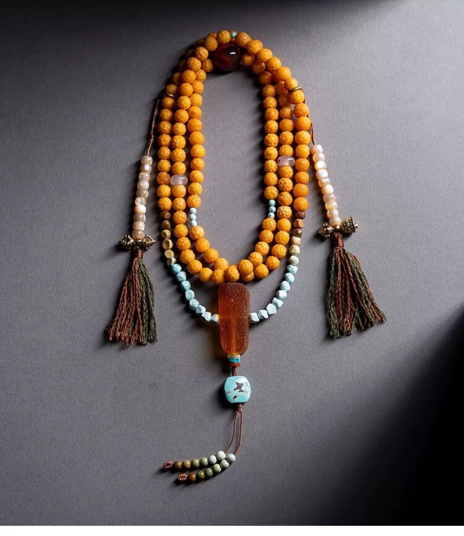EverestArtStudiosRARE FIND One-of-a-Kind Natural Amber Mala Necklace | 108 Buddhist Prayer Beads with Turquoise, Lapis Lazuli & Gemstone Acc