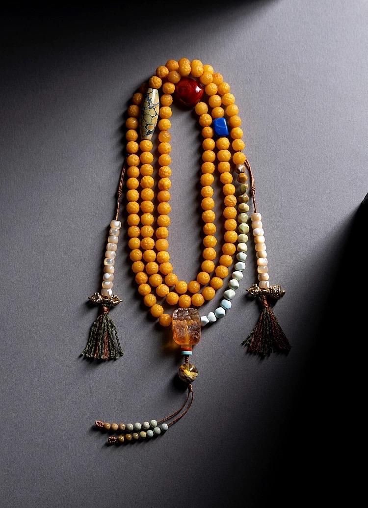 EverestArtStudiosRARE FIND One-of-a-Kind Natural Amber Mala Necklace | 108 Buddhist Prayer Beads with Turquoise, Lapis Lazuli & Gemstone Acc