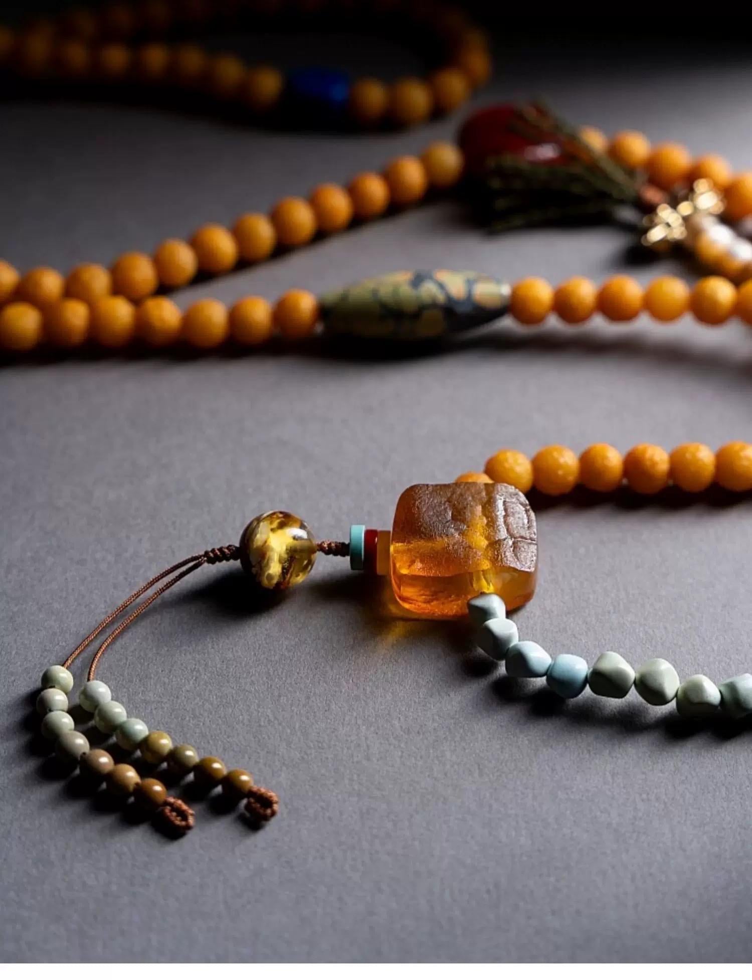 EverestArtStudiosRARE FIND One-of-a-Kind Natural Amber Mala Necklace | 108 Buddhist Prayer Beads with Turquoise, Lapis Lazuli & Gemstone Acc
