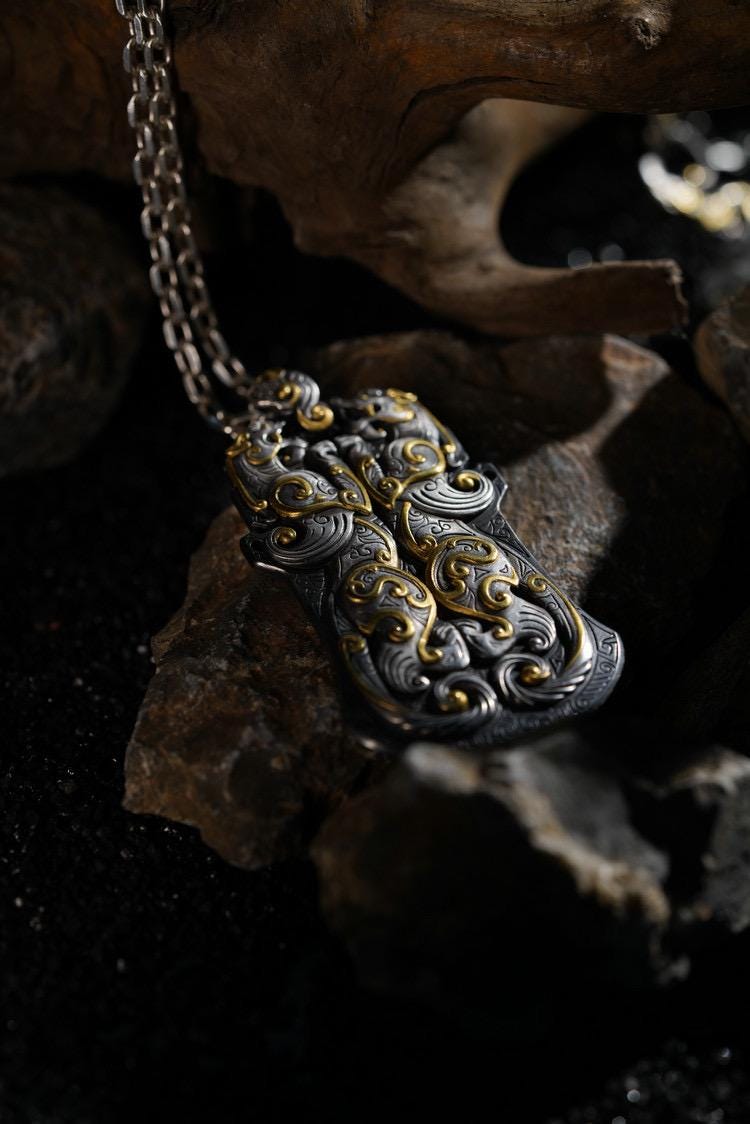 Original Silver Chihu Tiger Pendant, Chinese Mythical Dragon Tag Necklace for Men, Vintage 925 Sterling Silver Amulet, Eastern Totem Jewelry