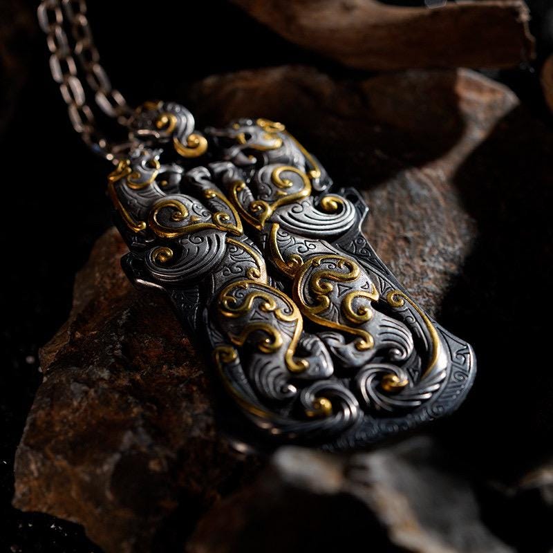 Original Silver Chihu Tiger Pendant, Chinese Mythical Dragon Tag Necklace for Men, Vintage 925 Sterling Silver Amulet, Eastern Totem Jewelry