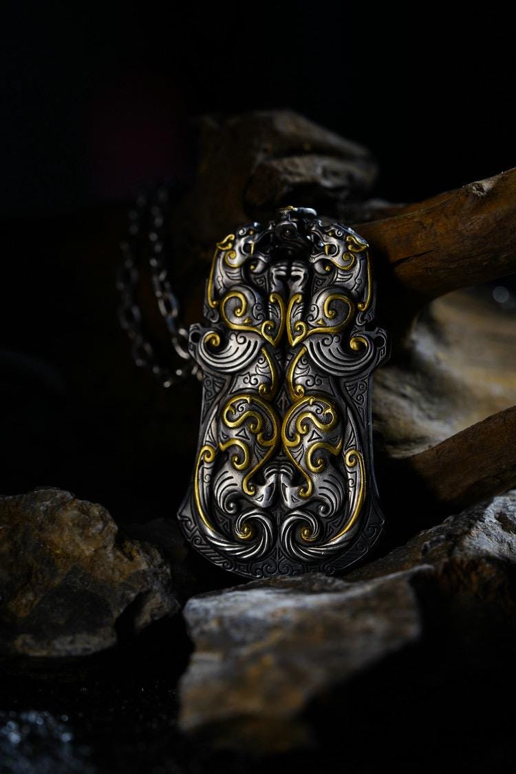Original Silver Chihu Tiger Pendant, Chinese Mythical Dragon Tag Necklace for Men, Vintage 925 Sterling Silver Amulet, Eastern Totem Jewelry