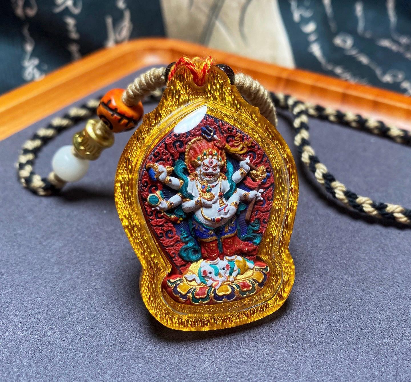 Handpainted White Mahakala Tsa Tsa, Six-Armed Avalokiteshvara Amulet, Tibetan Medicine Clay Pendant, Buddhist Wealth Protector Jewelry