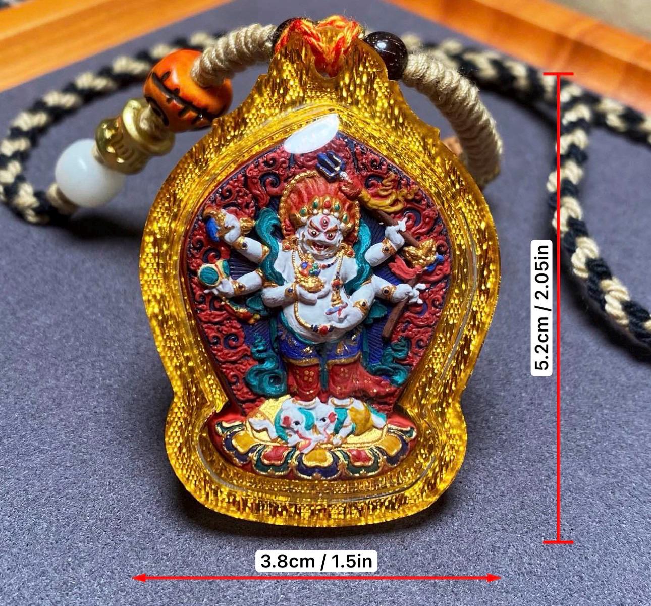 Handpainted White Mahakala Tsa Tsa, Six-Armed Avalokiteshvara Amulet, Tibetan Medicine Clay Pendant, Buddhist Wealth Protector Jewelry