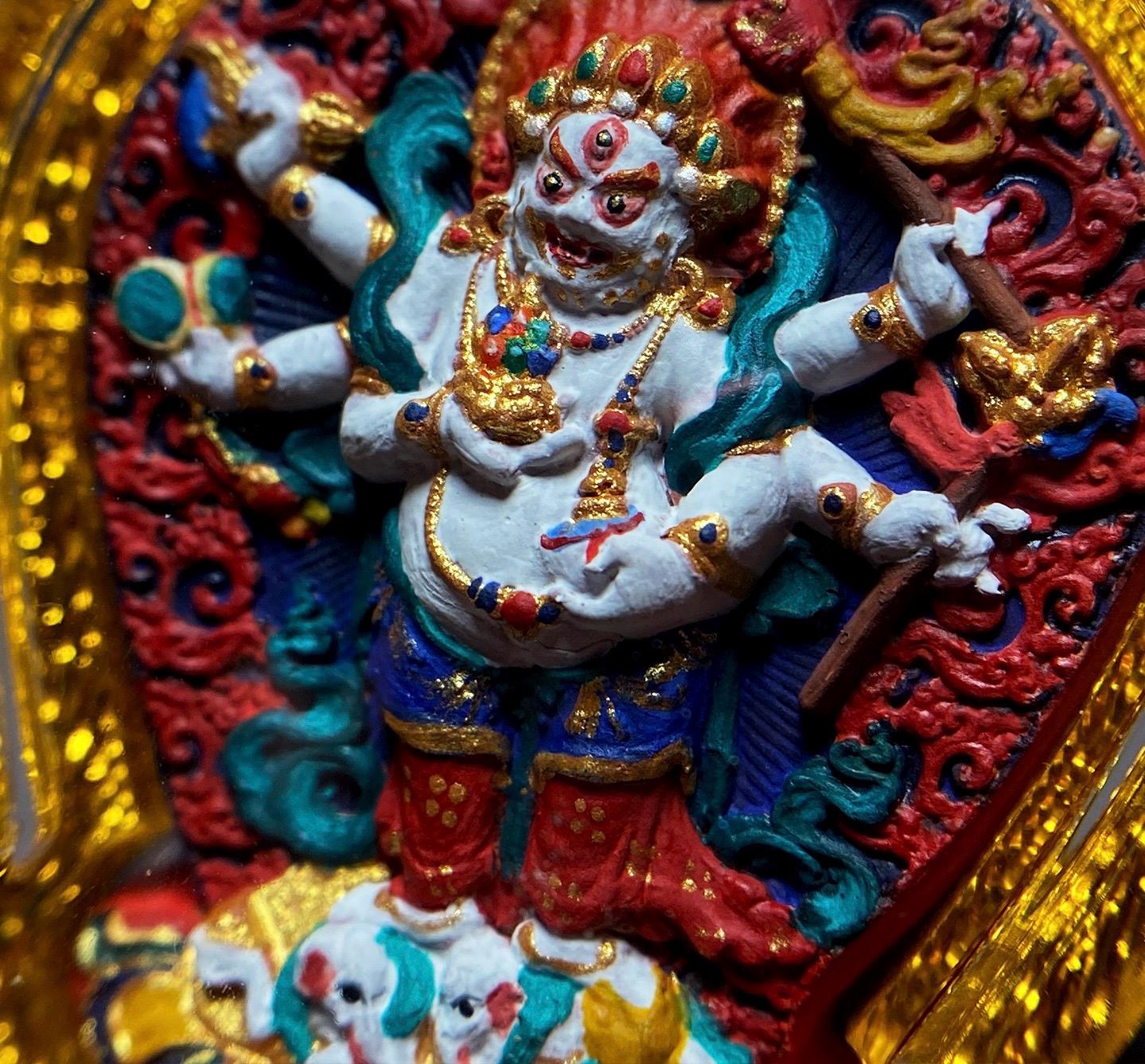 Handpainted White Mahakala Tsa Tsa, Six-Armed Avalokiteshvara Amulet, Tibetan Medicine Clay Pendant, Buddhist Wealth Protector Jewelry