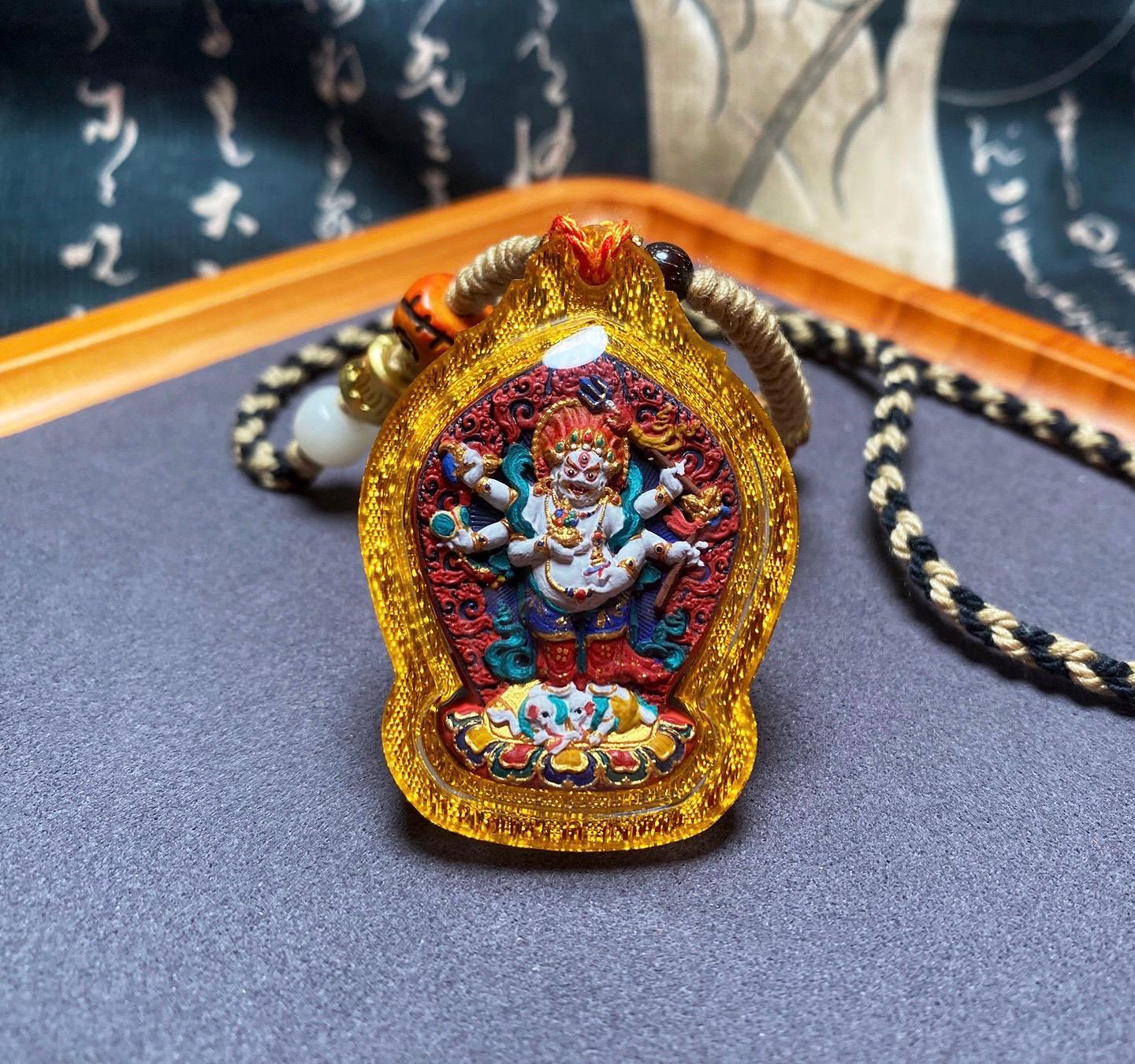 Handpainted White Mahakala Tsa Tsa, Six-Armed Avalokiteshvara Amulet, Tibetan Medicine Clay Pendant, Buddhist Wealth Protector Jewelry