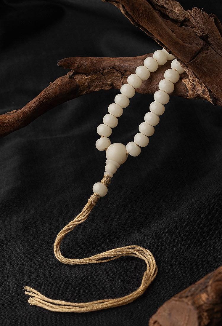 7x9mm White Jade Bodhi Root 108 Mala Beads, Apple Round Bodhi Seed Necklace, Tibetan Buddhist Prayer Beads, Quiet Luxury Layered Bracelet