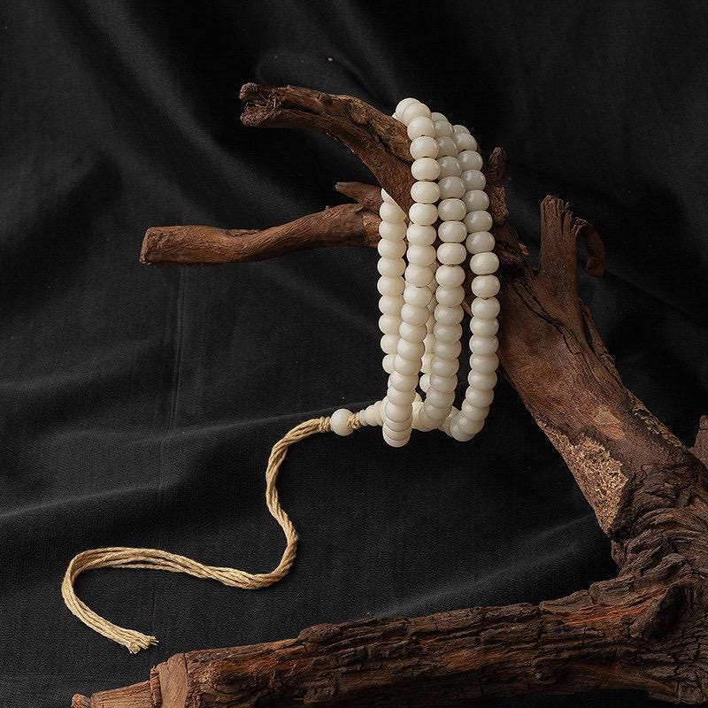 7x9mm White Jade Bodhi Root 108 Mala Beads, Apple Round Bodhi Seed Necklace, Tibetan Buddhist Prayer Beads, Quiet Luxury Layered Bracelet