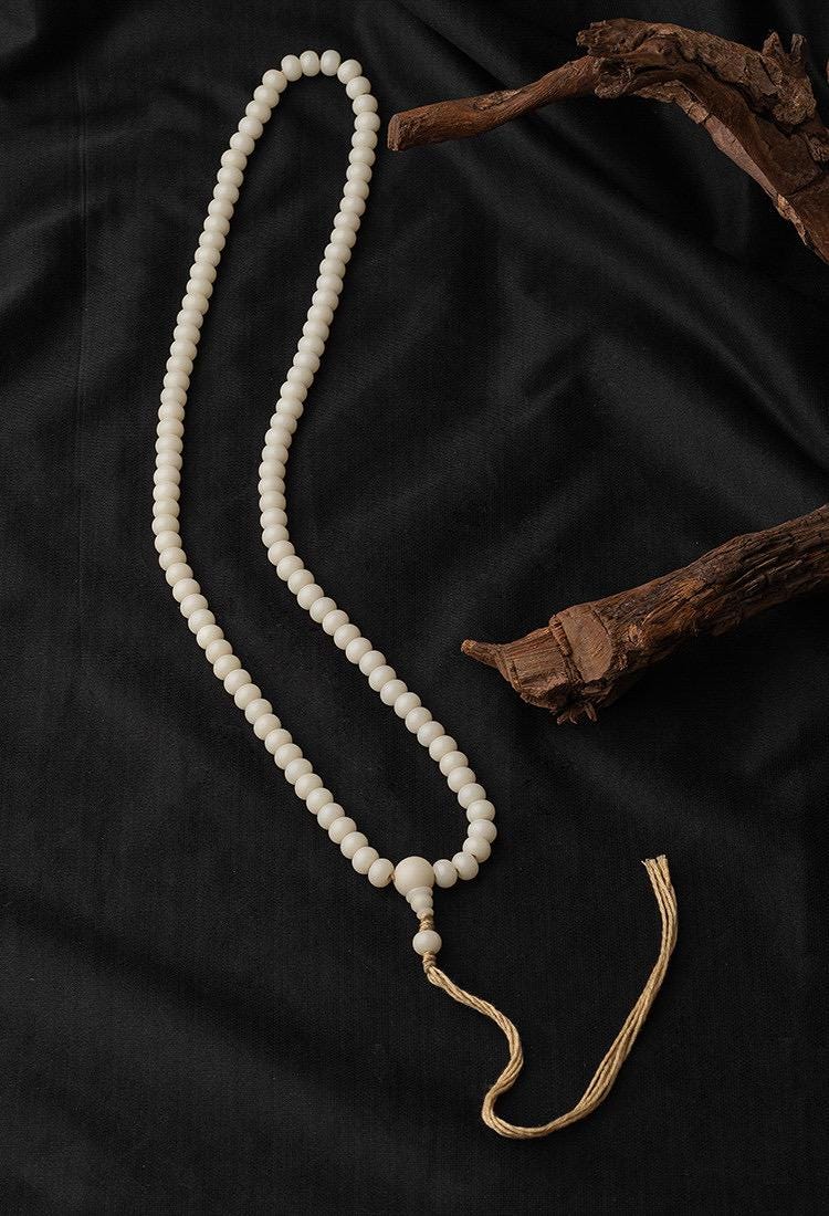 7x9mm White Jade Bodhi Root 108 Mala Beads, Apple Round Bodhi Seed Necklace, Tibetan Buddhist Prayer Beads, Quiet Luxury Layered Bracelet