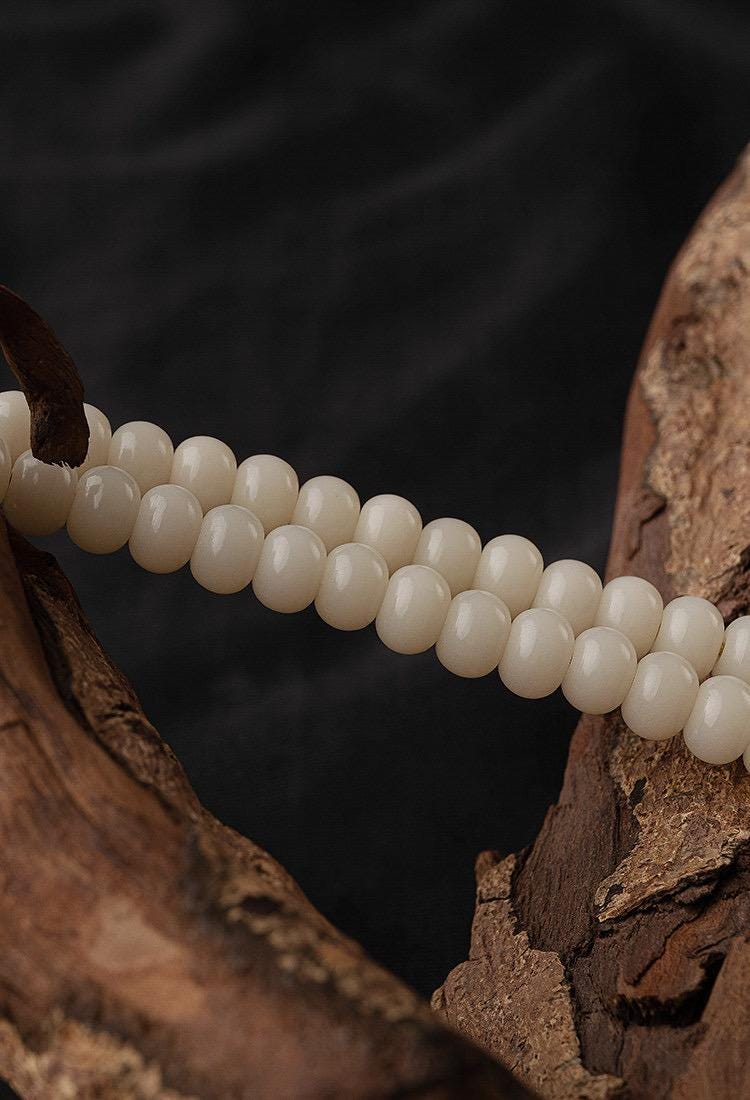 7x9mm White Jade Bodhi Root 108 Mala Beads, Apple Round Bodhi Seed Necklace, Tibetan Buddhist Prayer Beads, Quiet Luxury Layered Bracelet