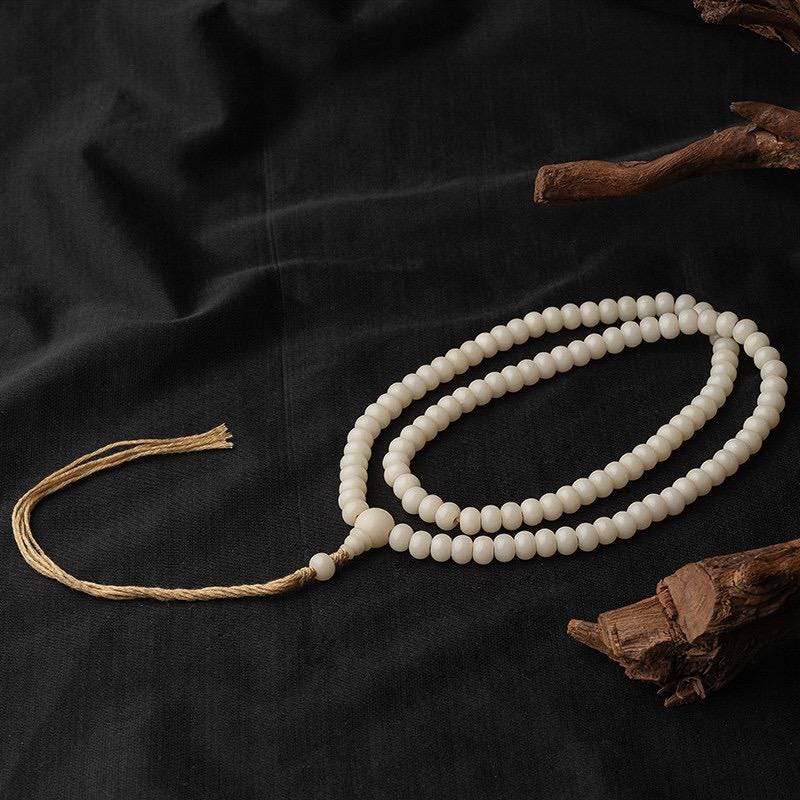 7x9mm White Jade Bodhi Root 108 Mala Beads, Apple Round Bodhi Seed Necklace, Tibetan Buddhist Prayer Beads, Quiet Luxury Layered Bracelet
