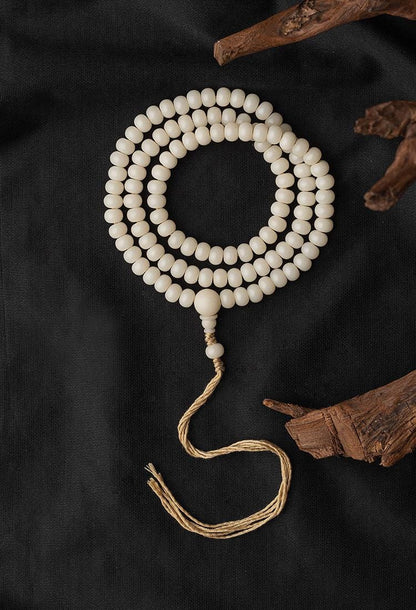 7x9mm White Jade Bodhi Root 108 Mala Beads, Apple Round Bodhi Seed Necklace, Tibetan Buddhist Prayer Beads, Quiet Luxury Layered Bracelet