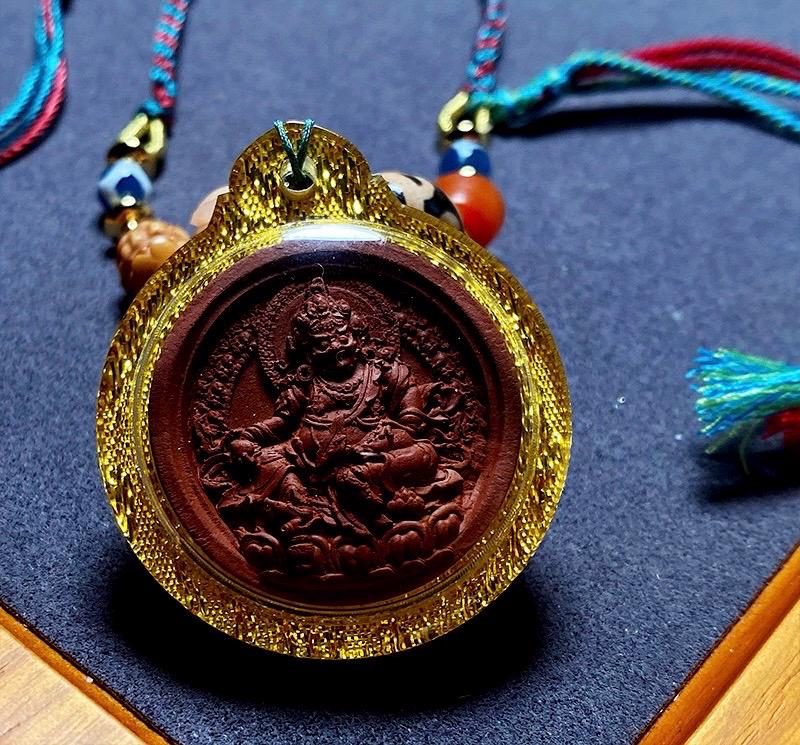 Handpainted Yellow Dzambhala Tsa Tsa, Tibetan God of Wealth Amulet, Sacred Medicine Clay Gau Box Pendant, Miniature Thangka Necklace Gift