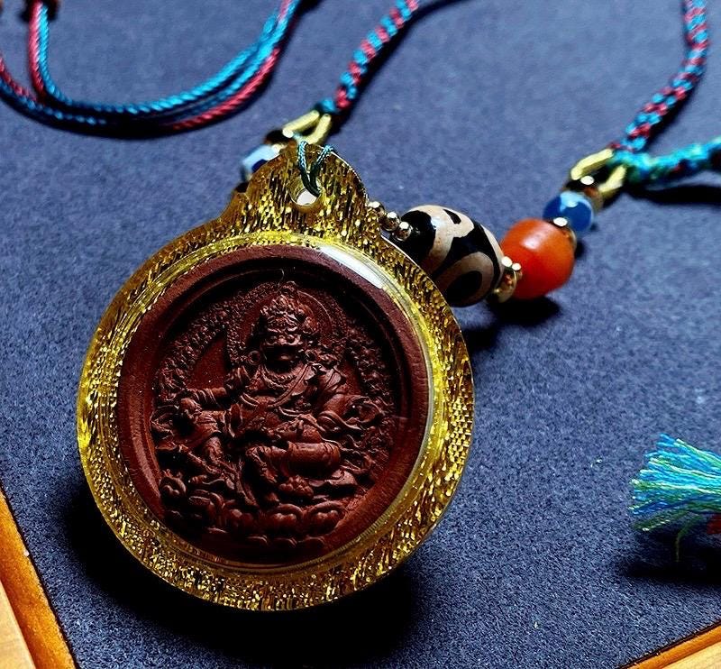 Handpainted Yellow Dzambhala Tsa Tsa, Tibetan God of Wealth Amulet, Sacred Medicine Clay Gau Box Pendant, Miniature Thangka Necklace Gift