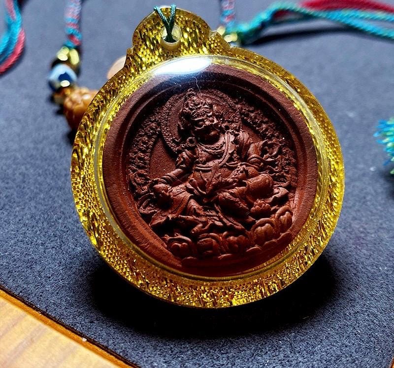 Handpainted Yellow Dzambhala Tsa Tsa, Tibetan God of Wealth Amulet, Sacred Medicine Clay Gau Box Pendant, Miniature Thangka Necklace Gift