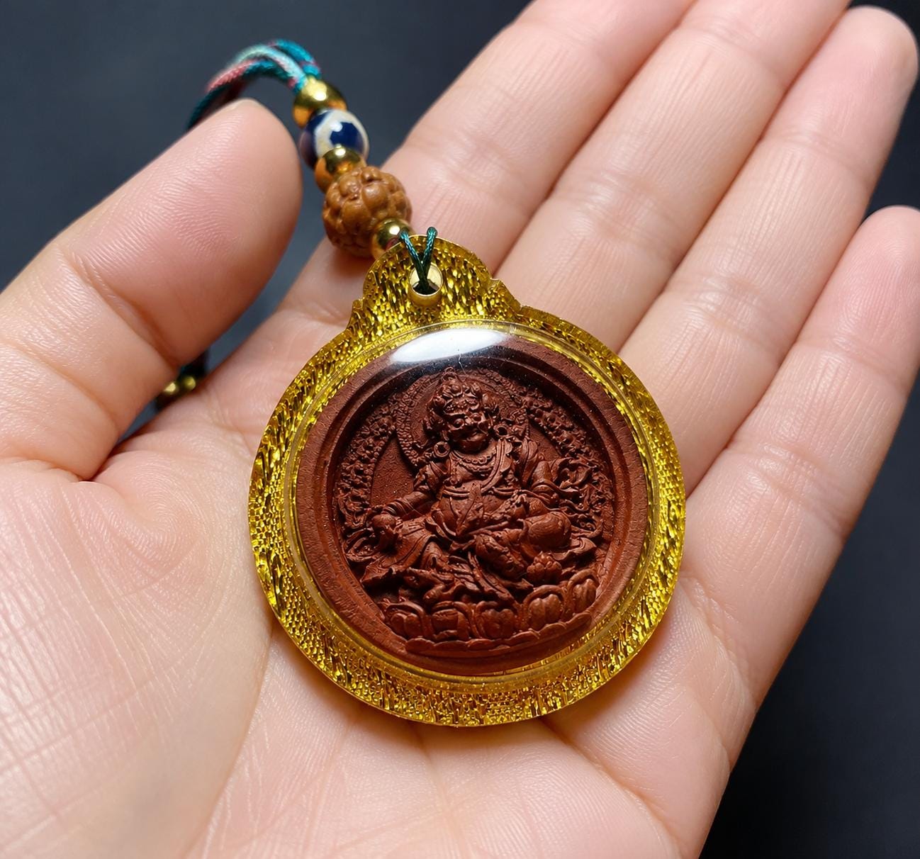 Handpainted Yellow Dzambhala Tsa Tsa, Tibetan God of Wealth Amulet, Sacred Medicine Clay Gau Box Pendant, Miniature Thangka Necklace Gift