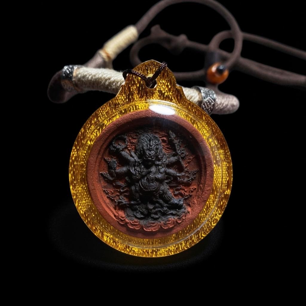 Handpainted Six Armed Mahakala Tsa Tsa, Tibetan Buddhist Protector Amulet, Color Block Medicine Clay Gau Box Pendant, Miniature Thangka Gift