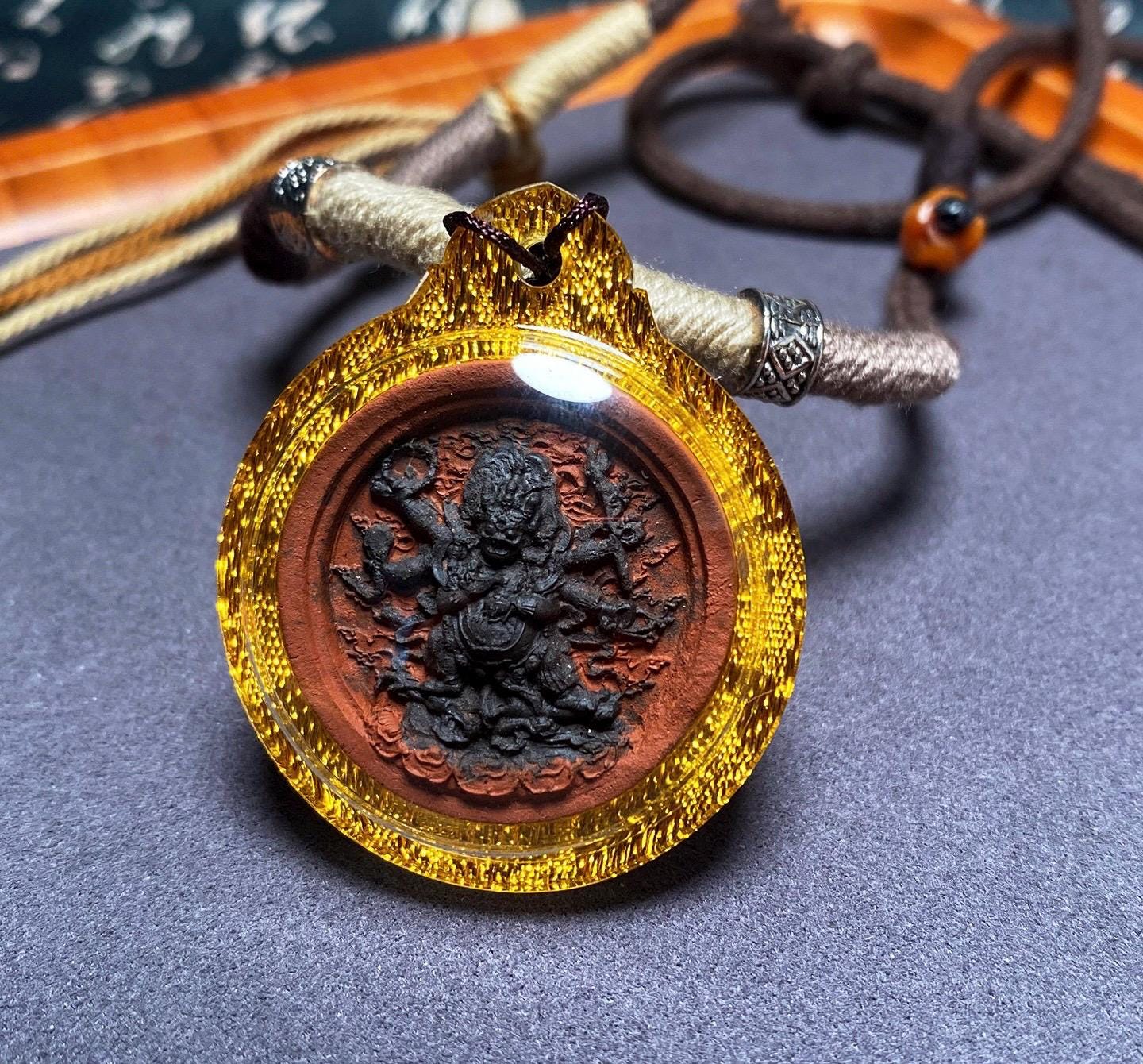 Handpainted Six Armed Mahakala Tsa Tsa, Tibetan Buddhist Protector Amulet, Color Block Medicine Clay Gau Box Pendant, Miniature Thangka Gift