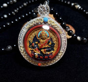 Handpainted Double Sided Jambhala Tsa Tsa Pendant, Mineral Pigment Miniature Thangka, 925 Silver Gau Box Amulet, Yellow Black Wealth Deity