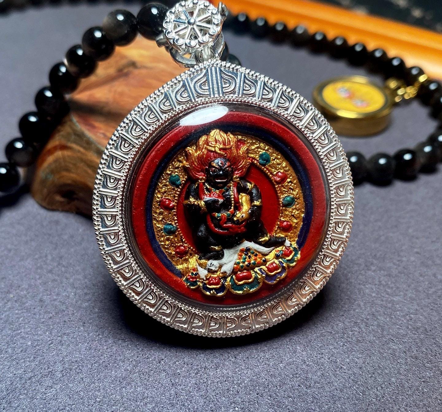 Handpainted Double Sided Jambhala Tsa Tsa Pendant, Mineral Pigment Miniature Thangka, 925 Silver Gau Box Amulet, Yellow Black Wealth Deity