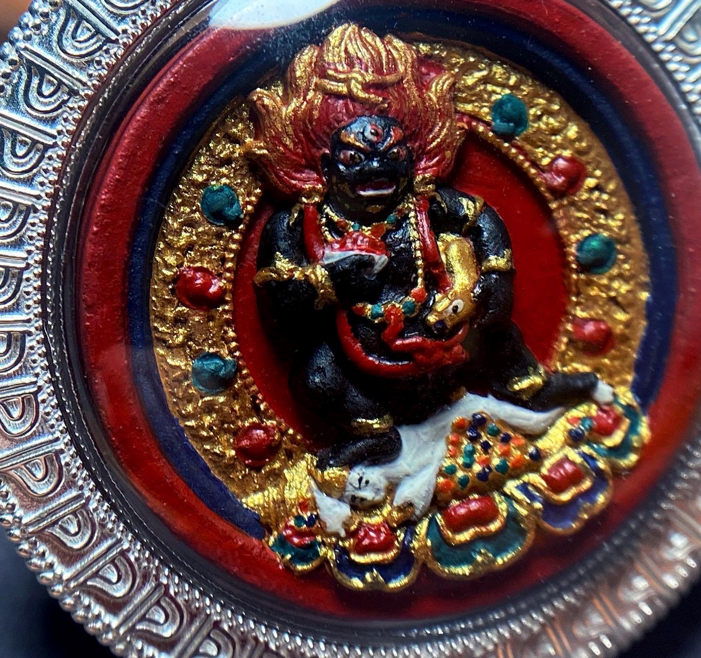 Handpainted Double Sided Jambhala Tsa Tsa Pendant, Mineral Pigment Miniature Thangka, 925 Silver Gau Box Amulet, Yellow Black Wealth Deity