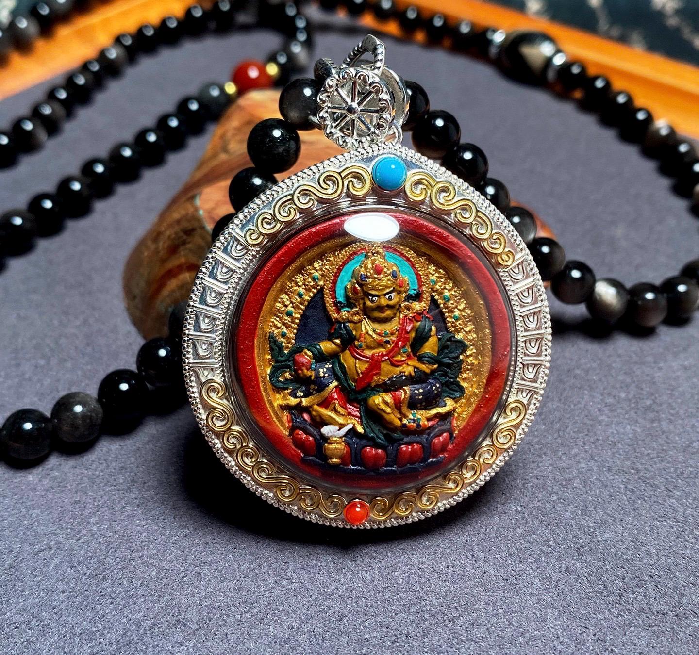 Handpainted Double Sided Jambhala Tsa Tsa Pendant, Mineral Pigment Miniature Thangka, 925 Silver Gau Box Amulet, Yellow Black Wealth Deity