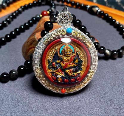 Handpainted Double Sided Jambhala Tsa Tsa Pendant, Mineral Pigment Miniature Thangka, 925 Silver Gau Box Amulet, Yellow Black Wealth Deity