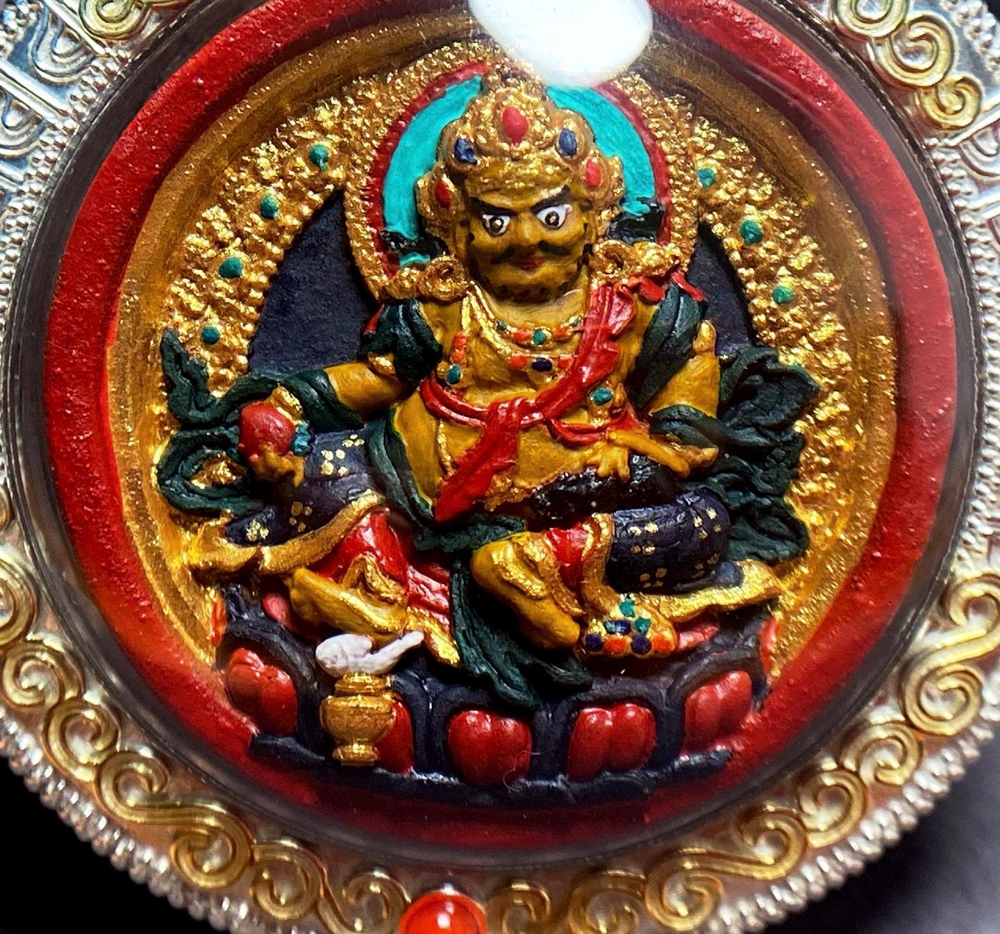 Handpainted Double Sided Jambhala Tsa Tsa Pendant, Mineral Pigment Miniature Thangka, 925 Silver Gau Box Amulet, Yellow Black Wealth Deity
