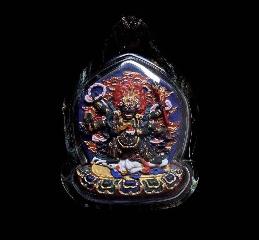 Handpainted Six Armed Mahakala Tsa Tsa Pendant, Mineral Pigment Miniature Thangka, Tibetan Sacred Clay Amulet, Buddhist Protection Necklace
