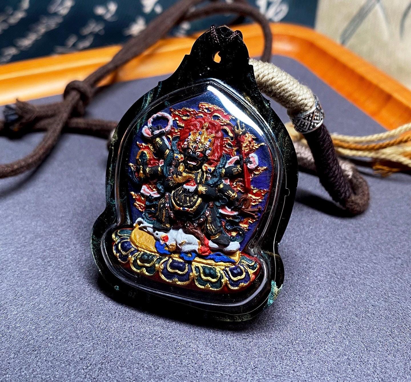 Handpainted Six Armed Mahakala Tsa Tsa Pendant, Mineral Pigment Miniature Thangka, Tibetan Sacred Clay Amulet, Buddhist Protection Necklace