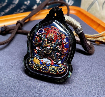 Handpainted Six Armed Mahakala Tsa Tsa Pendant, Mineral Pigment Miniature Thangka, Tibetan Sacred Clay Amulet, Buddhist Protection Necklace