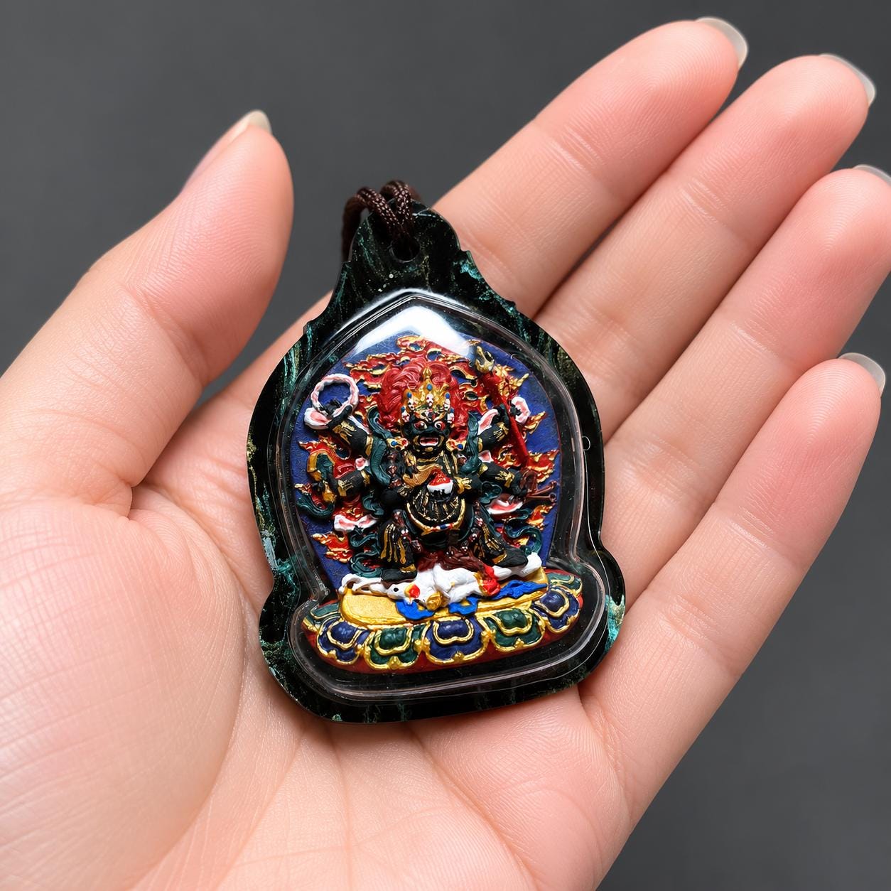 Handpainted Six Armed Mahakala Tsa Tsa Pendant, Mineral Pigment Miniature Thangka, Tibetan Sacred Clay Amulet, Buddhist Protection Necklace
