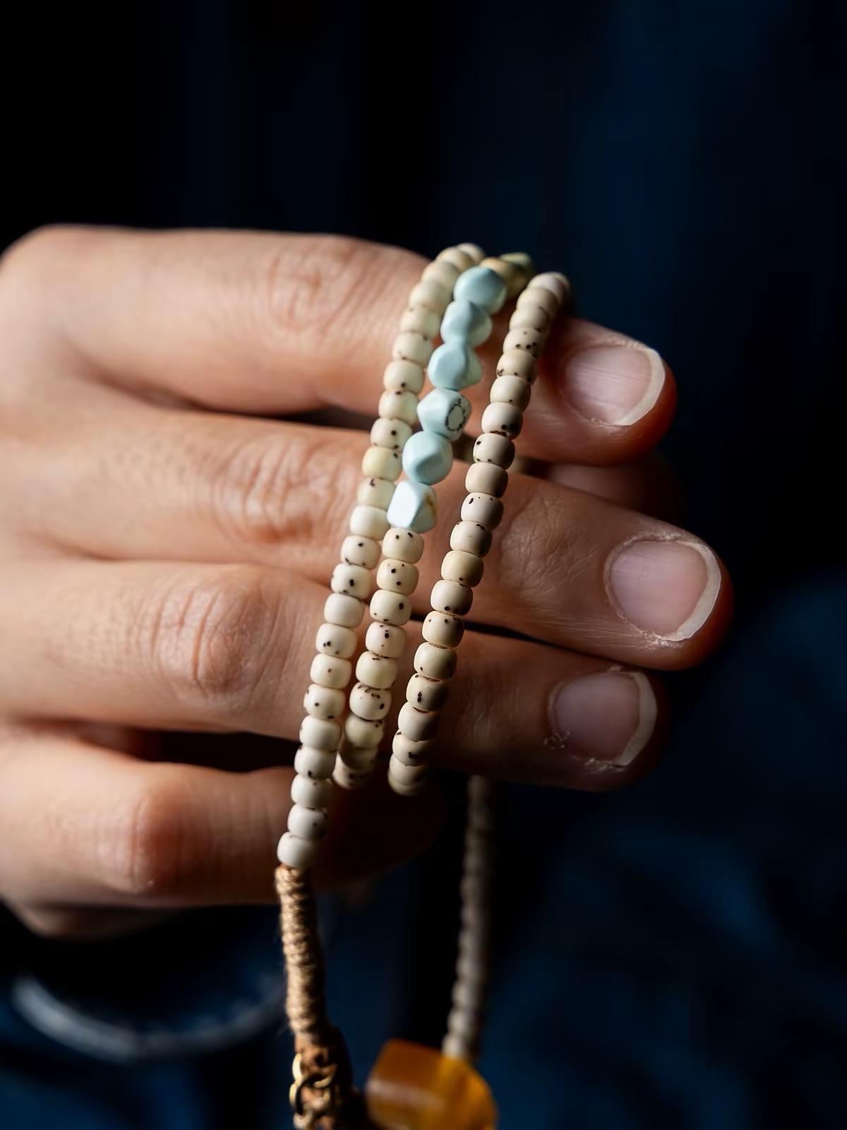 Natural 108 Bead Buddhist Prayer Mala | Multi-Wrap Meditation Bracelet | Turquoise & Brass Accents | Tibetan Inspired Spiritual Jewelry