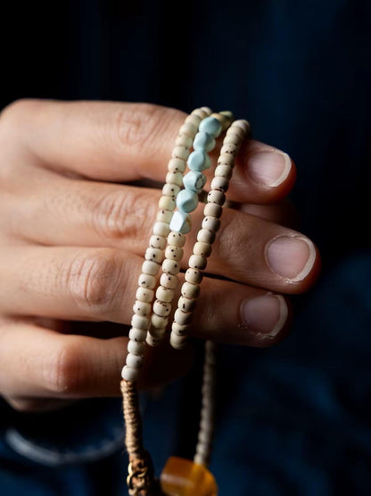 Natural 108 Bead Buddhist Prayer Mala | Multi-Wrap Meditation Bracelet | Turquoise & Brass Accents | Tibetan Inspired Spiritual Jewelry