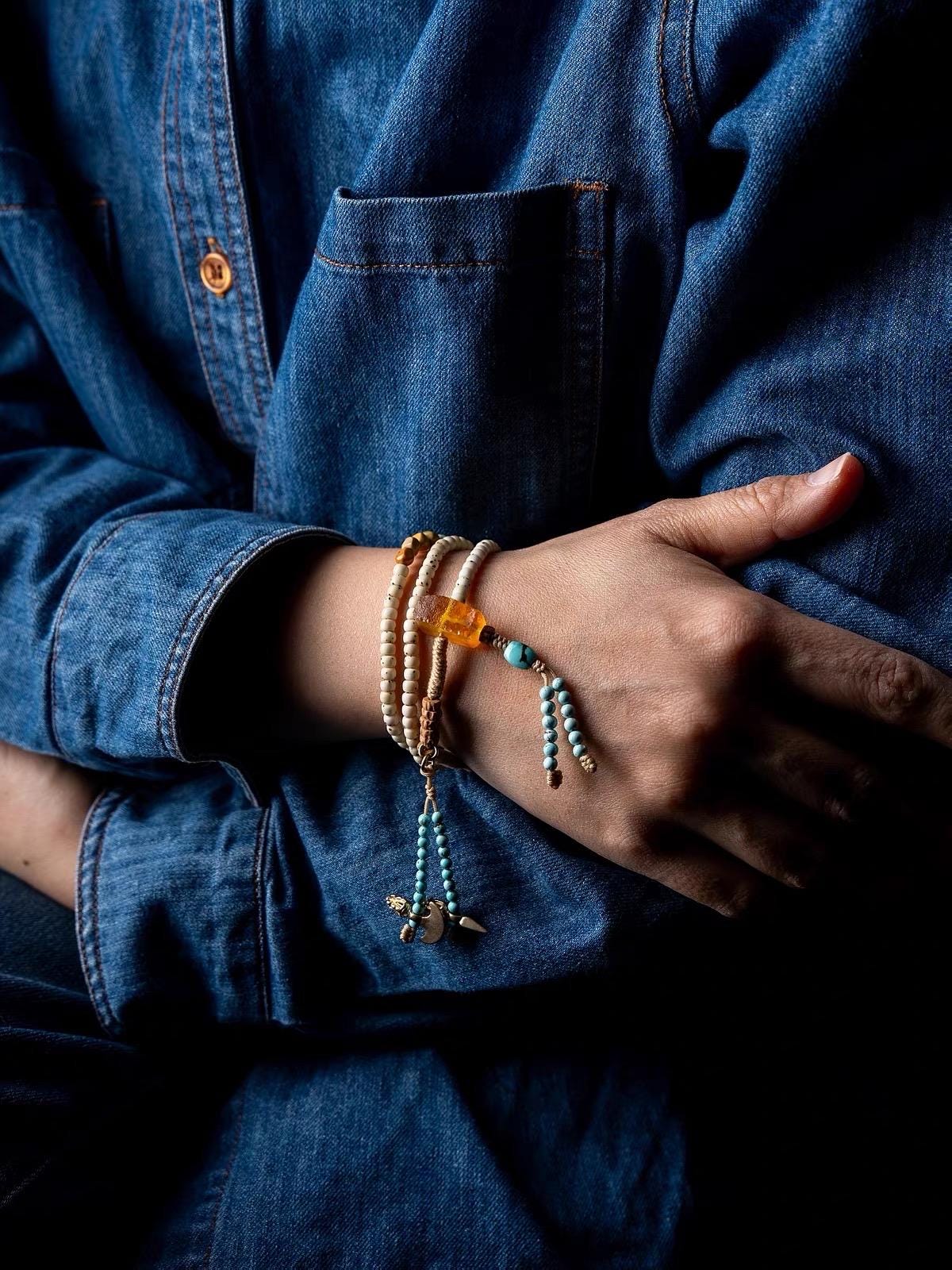 Natural 108 Bead Buddhist Prayer Mala | Multi-Wrap Meditation Bracelet | Turquoise & Brass Accents | Tibetan Inspired Spiritual Jewelry