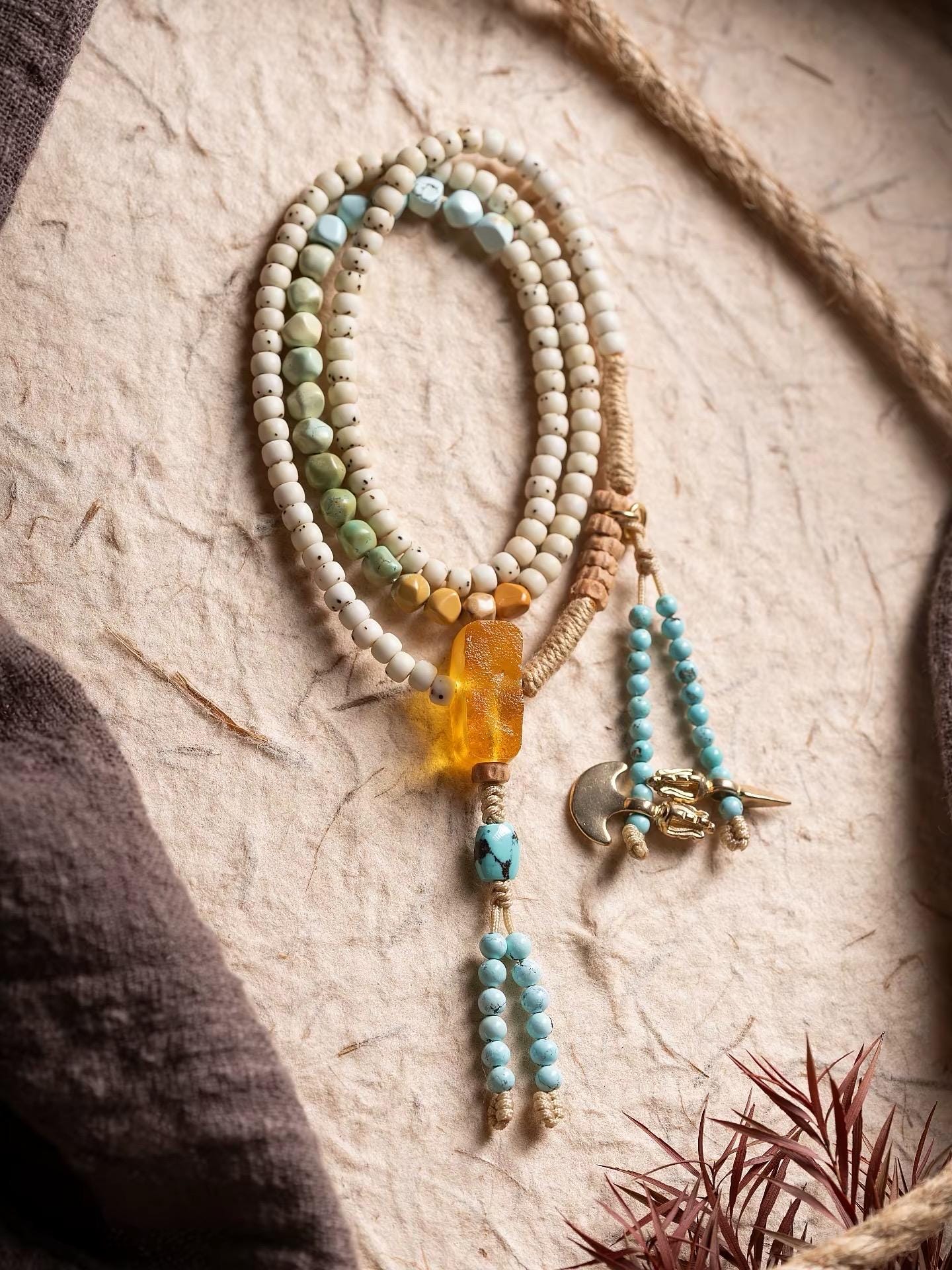 Natural 108 Bead Buddhist Prayer Mala | Multi-Wrap Meditation Bracelet | Turquoise & Brass Accents | Tibetan Inspired Spiritual Jewelry