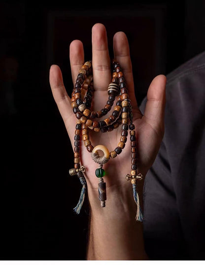Handmade Tibetan-Inspired Weathered Star & Moon Bodhi Root Mala Bracelet – 108 Beads | Hand-Knotted Meditation Prayer Beads