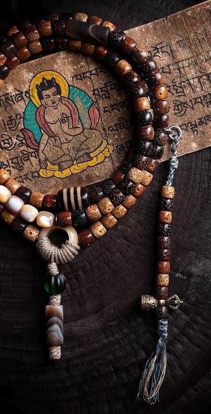 Handmade Tibetan-Inspired Weathered Star & Moon Bodhi Root Mala Bracelet – 108 Beads | Hand-Knotted Meditation Prayer Beads