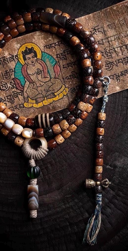 Handmade Tibetan-Inspired Weathered Star & Moon Bodhi Root Mala Bracelet – 108 Beads | Hand-Knotted Meditation Prayer Beads