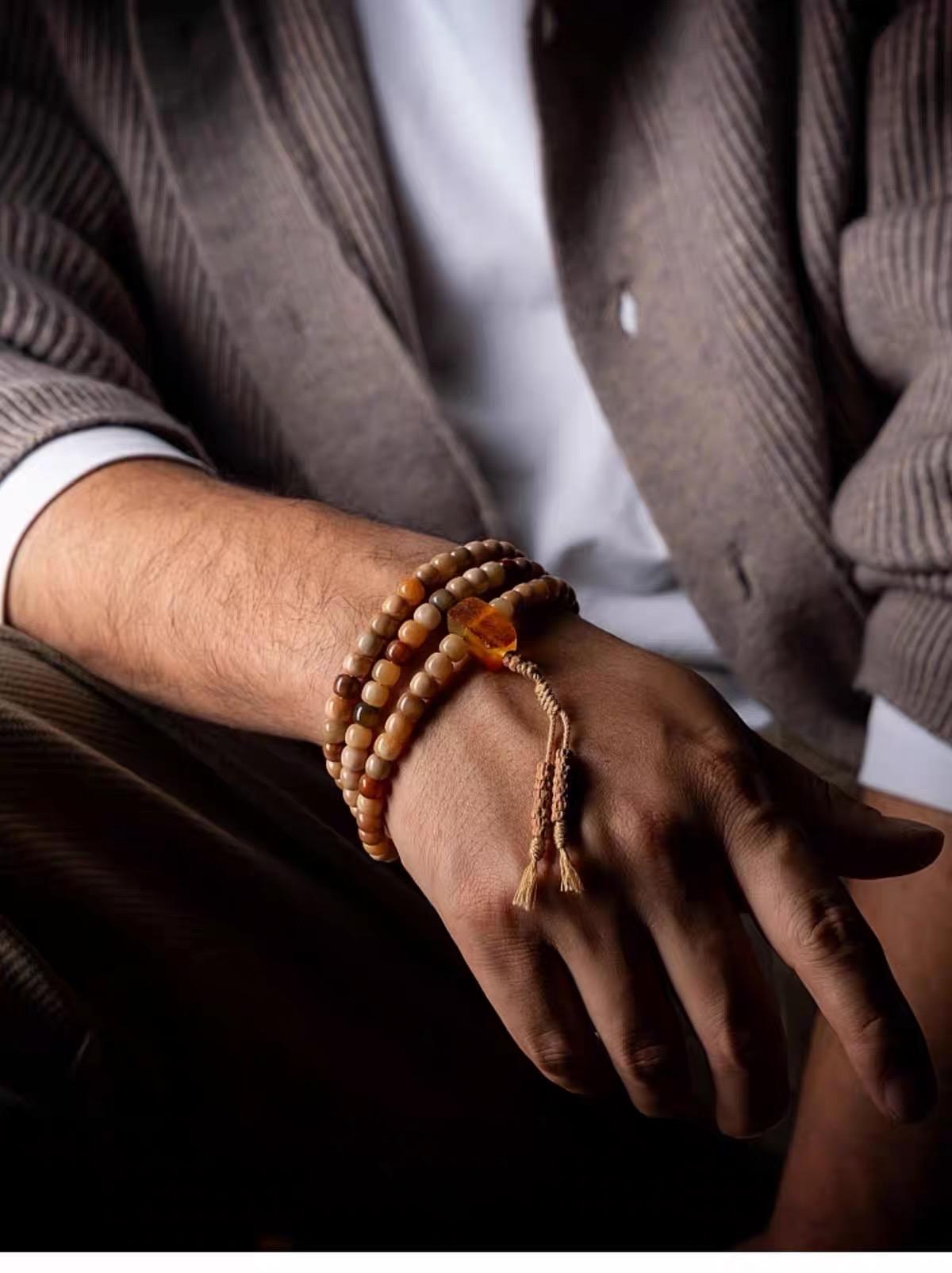Aged Star & Moon Bodhi Seed Mala 108 Beads | Handmade Buddhist Prayer Beads | Meditation Necklace Wrap Bracelet