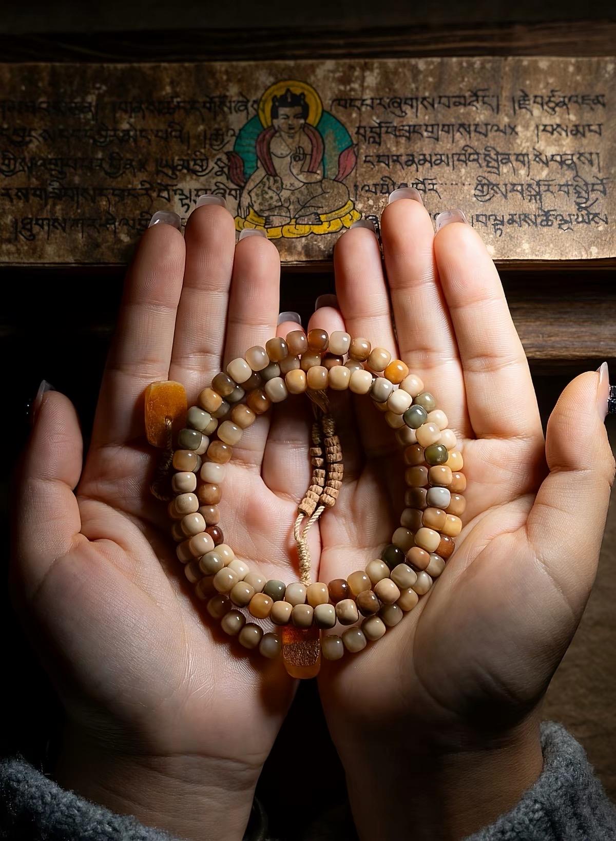 Aged Star & Moon Bodhi Seed Mala 108 Beads | Handmade Buddhist Prayer Beads | Meditation Necklace Wrap Bracelet