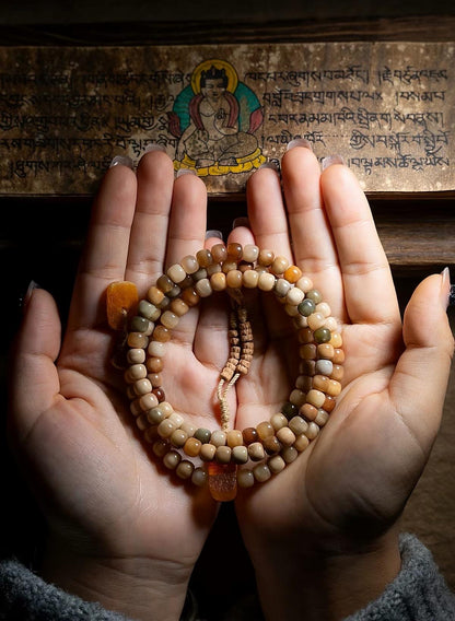 Aged Star & Moon Bodhi Seed Mala 108 Beads | Handmade Buddhist Prayer Beads | Meditation Necklace Wrap Bracelet