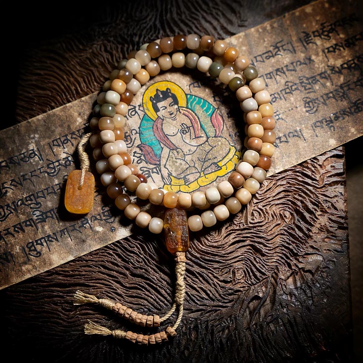 Aged Star & Moon Bodhi Seed Mala 108 Beads | Handmade Buddhist Prayer Beads | Meditation Necklace Wrap Bracelet