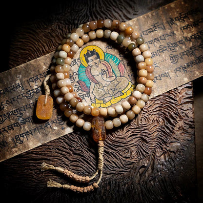 Aged Star & Moon Bodhi Seed Mala 108 Beads | Handmade Buddhist Prayer Beads | Meditation Necklace Wrap Bracelet