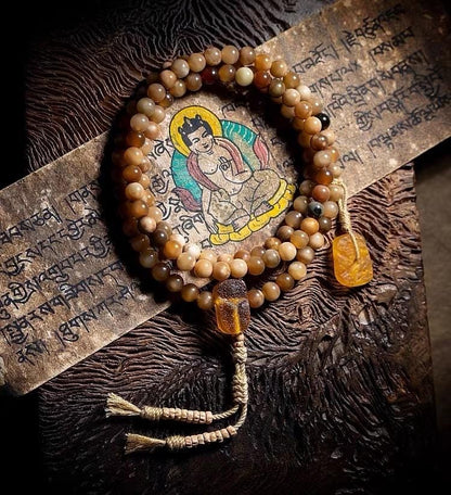 Aged Star & Moon Bodhi Seed Mala 108 Beads | Handmade Buddhist Prayer Beads | Meditation Necklace Wrap Bracelet