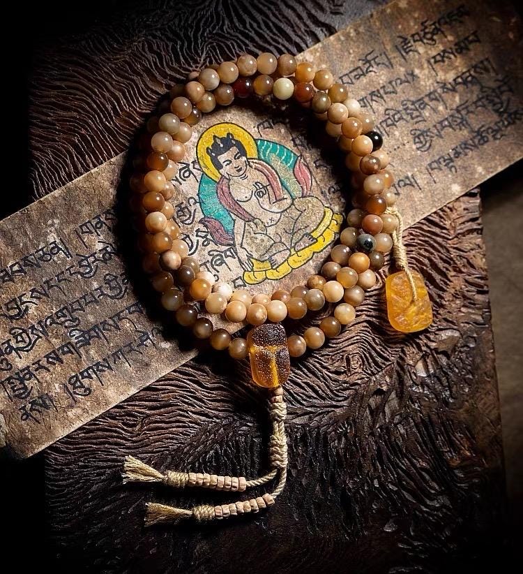 Aged Star & Moon Bodhi Seed Mala 108 Beads | Handmade Buddhist Prayer Beads | Meditation Necklace Wrap Bracelet