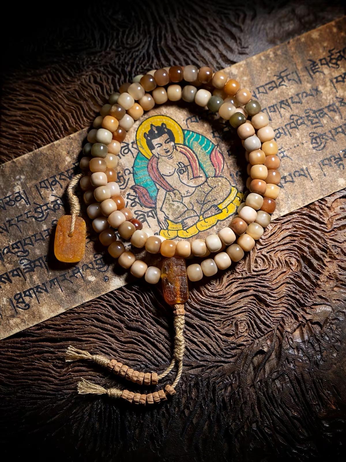 Aged Star & Moon Bodhi Seed Mala 108 Beads | Handmade Buddhist Prayer Beads | Meditation Necklace Wrap Bracelet