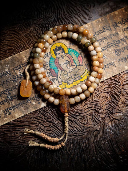 Aged Star & Moon Bodhi Seed Mala 108 Beads | Handmade Buddhist Prayer Beads | Meditation Necklace Wrap Bracelet